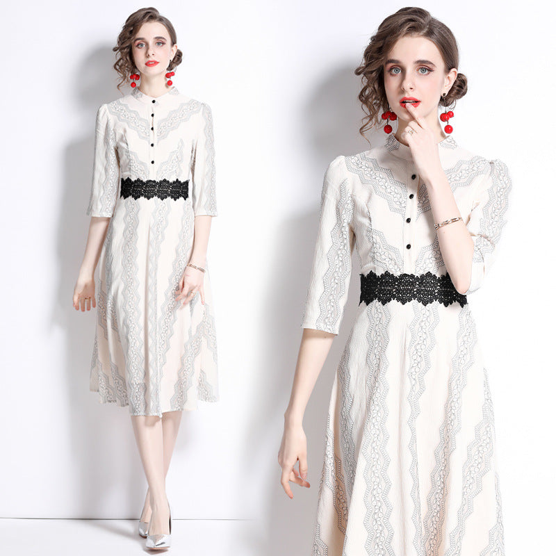 Apricot Lace Embroidery Gentle Slim Fit Graceful And Fashionable 7-point Sleeve Dress