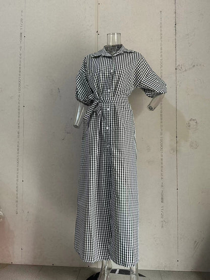 Plaid Casual Polo Collar Split Long Dress