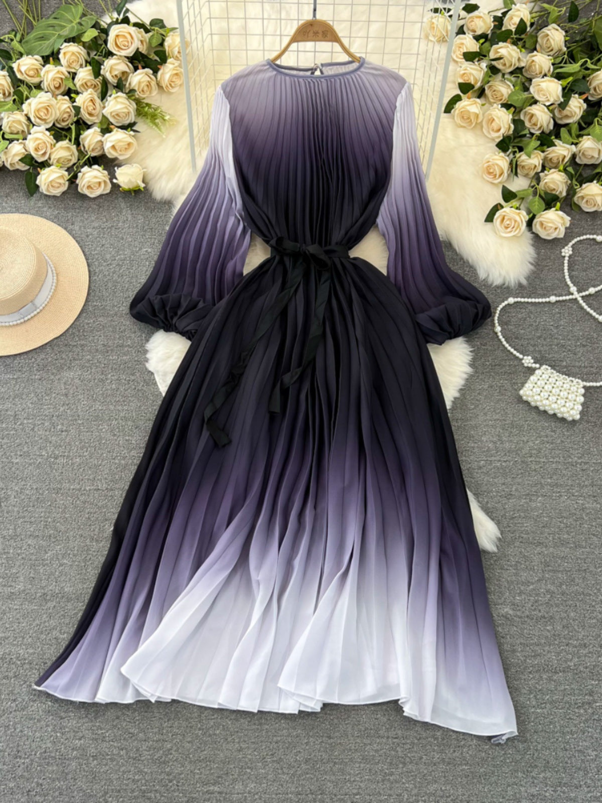 Mid-length A- Line Gradient Pleated Dress