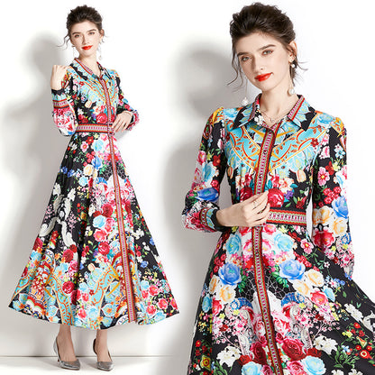 Retro Lantern Sleeve Wide Swing Printing Dress