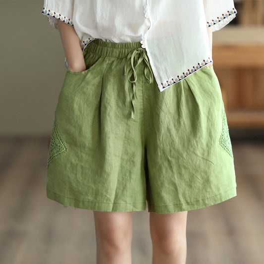 Linen All-matching Stitching Thin Wide Leg Cotton Linen Lace High Waist Leisure