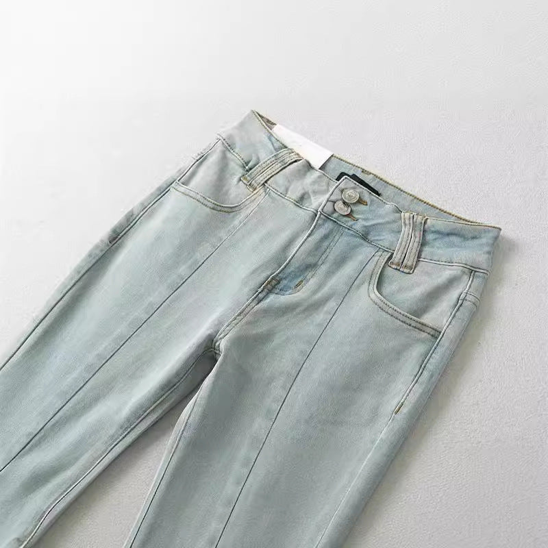 Net Red Blogger Niche Design Low Waist Skinny Denim Washed Frayed Hem Slim Wide Leg Trousers