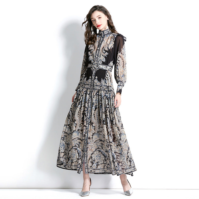 Stand-up Collar Puff Sleeve Wave Edge Printed Temperament Ankle Super Long Dress