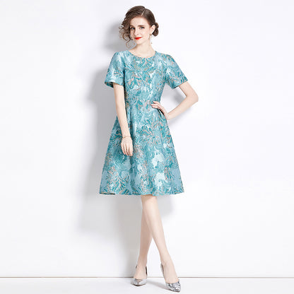 Elegant Slim Waist Color Jacquard Dress