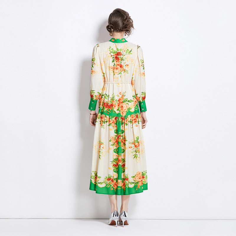 Retro Cotton And Linen Lapel Lantern Sleeve Printing Dress