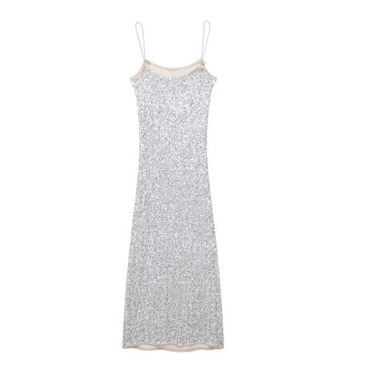 Sequin Decorative High Waist Backless A- Line Slip Dress