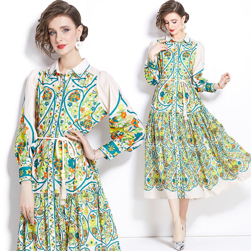 Retro Cotton And Linen Lapel Lantern Sleeve Printing Dress