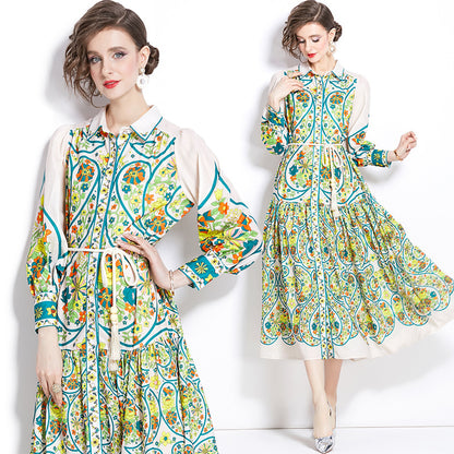 Retro Cotton And Linen Lapel Lantern Sleeve Printing Dress