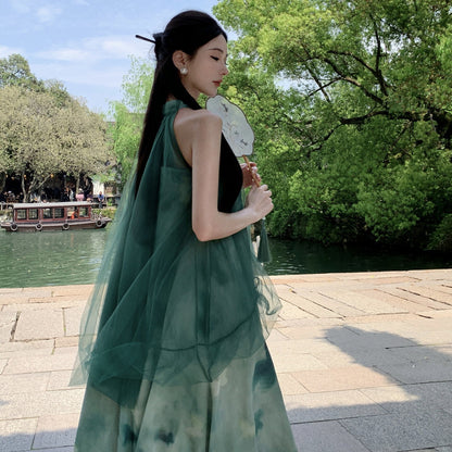 New Chinese Style Green Mesh Halter Fake Two Pieces Dress