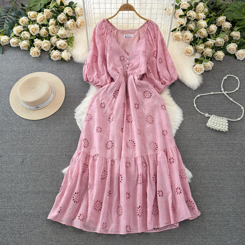 Temperament Short Sleeve V-neck Waist-controlled Slimming A- Line Hollow Embroidery Dress