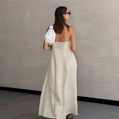 Solid Color Cotton And Linen Tube Top High Waist Backless Dress