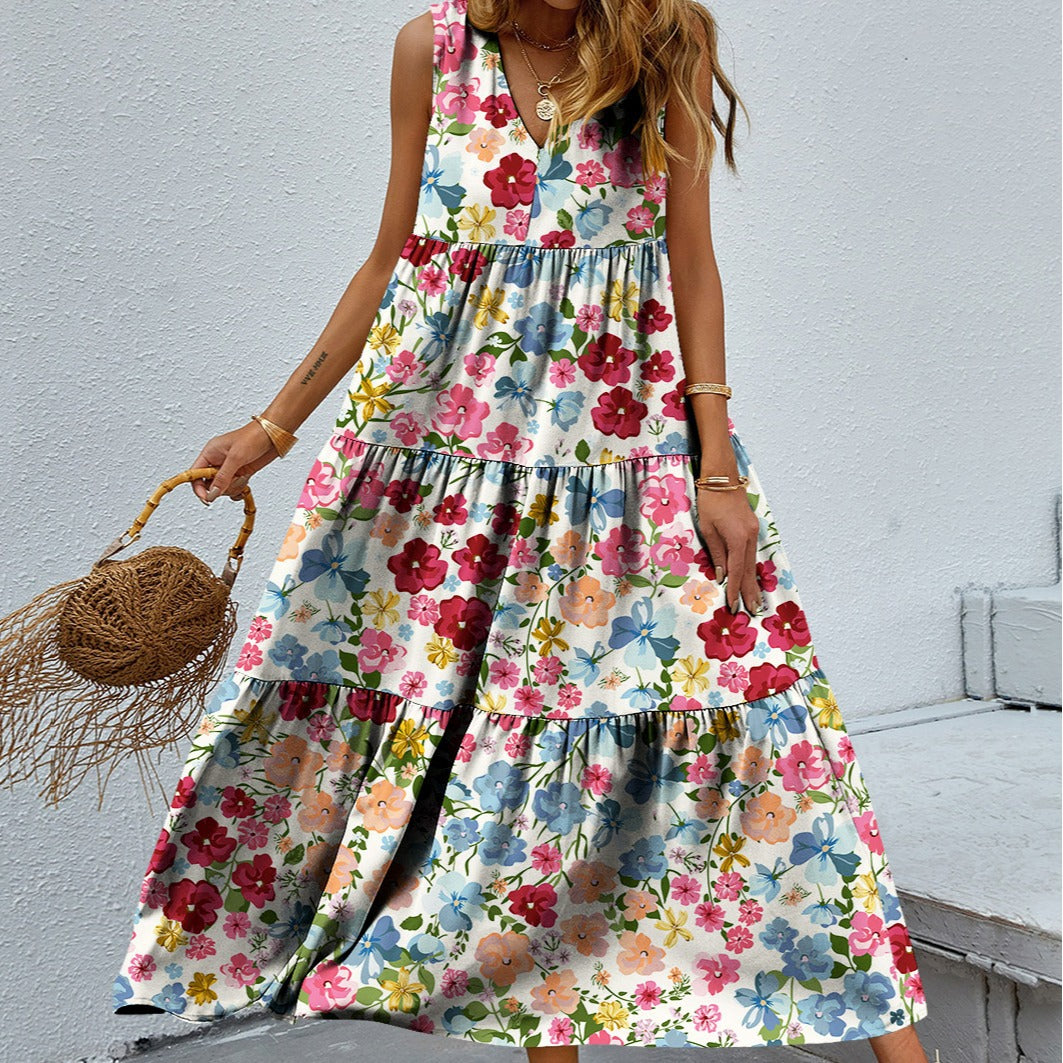 Printed V-neck Patchwork Large Swing Dress