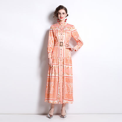 Retro Totem Printing Temperament Single-breasted Long Sleeve Large Swing Dress