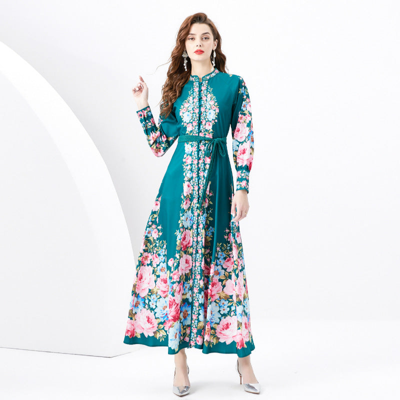 Retro Stand Collar Single-breasted Lantern Sleeve Printed Wide Swing Long Dress