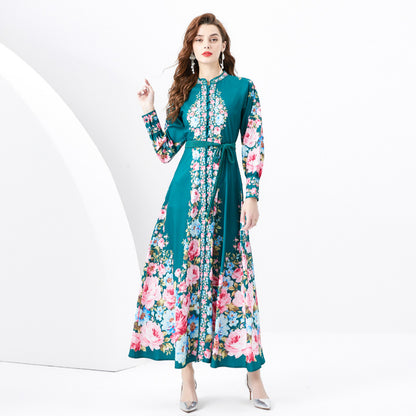 Retro Stand Collar Single-breasted Lantern Sleeve Printed Wide Swing Long Dress