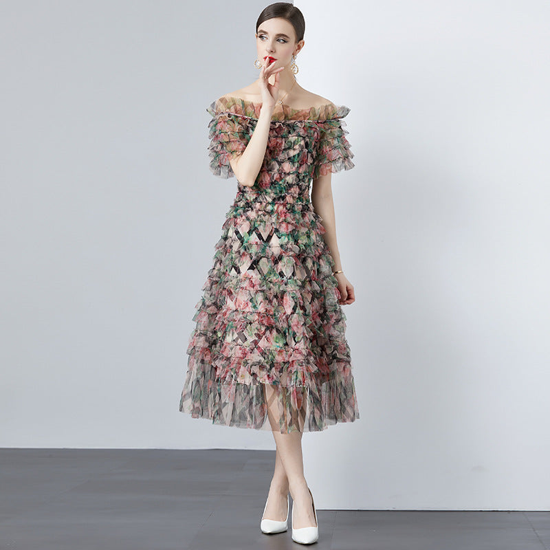 Mesh Blooming Printing Fungus Dress