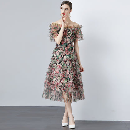 Mesh Blooming Printing Fungus Dress