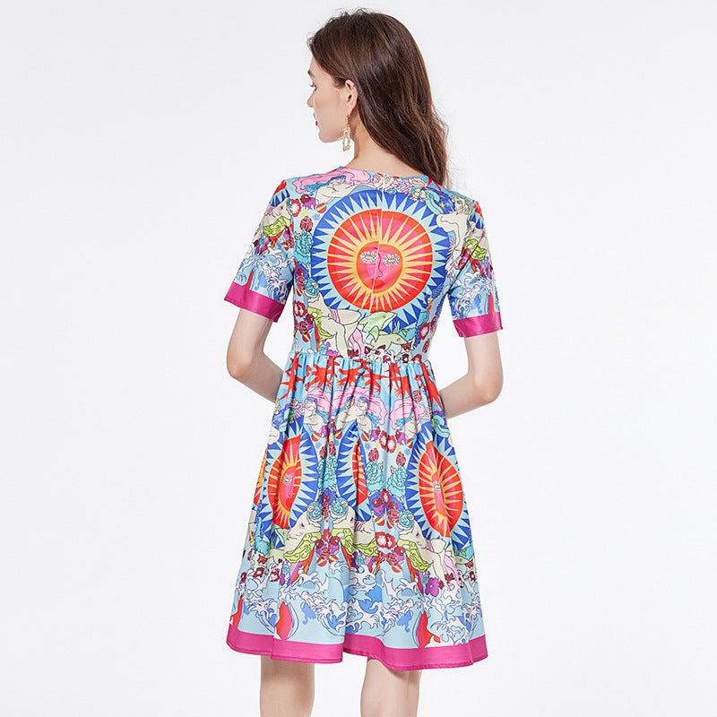 Positioning Printing Round Neck Swing Dress