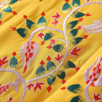 Machine Embroidery Lotus Leaf Sleeve Yellow Dress