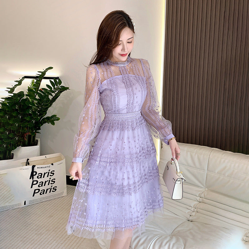 Lilac Purple Lace Stitching Mesh Embroidered Long Sleeve Round Neck See-through Dress