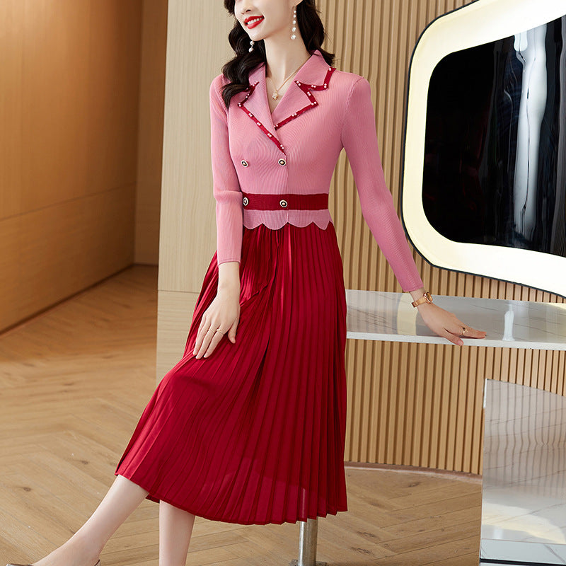 Suit Collar Double Breasted Waist Slimming Plus Size Stitching Fashion Dress