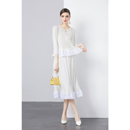 Three-quarter Sleeve Round Neck Solid Color Top Pleated Skirt Sequins