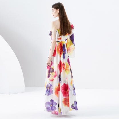 Irregular Shoulder Chiffon Floral Dress