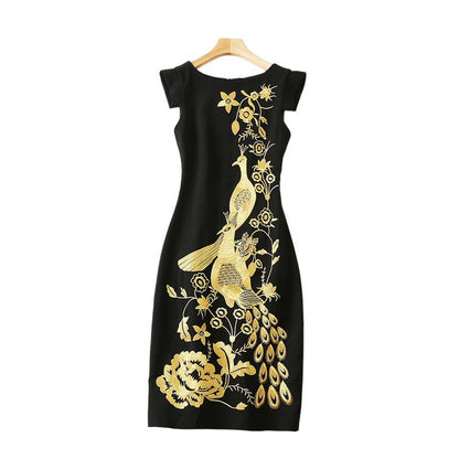 Gold Thread Embroidery Flower Phoenix Back Slit Dress