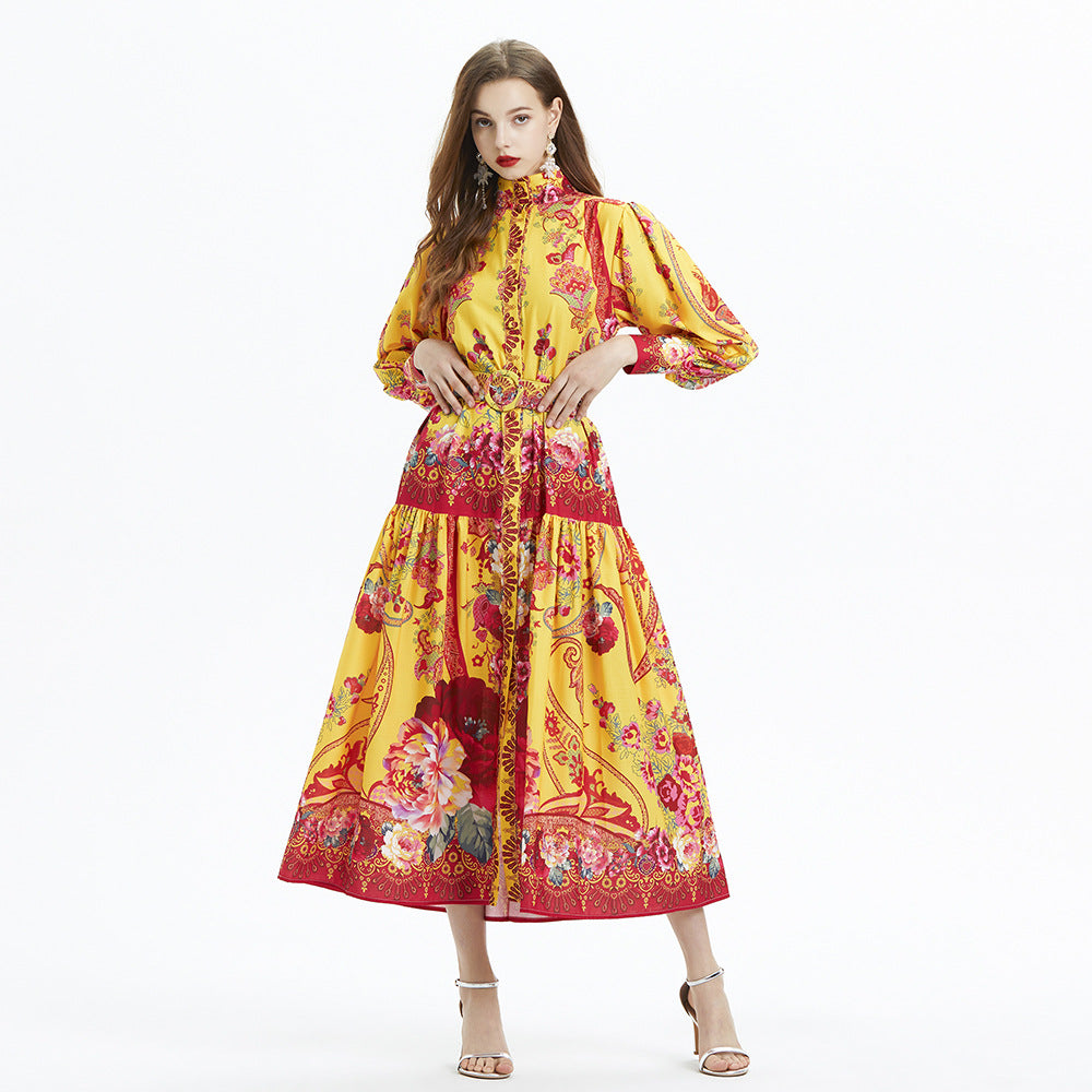 Lantern Sleeve Printed Long Sleeve Elegant Linen Waist Trimming Ruffles Dress