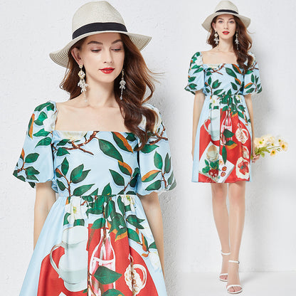 Positioning Printed Square Collar Stereo Puff Sleeve Dress