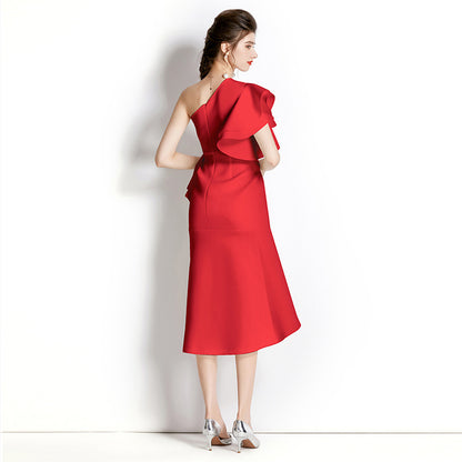 Three-dimensional Ruffled Shoulder Irregular Mid-length Dress