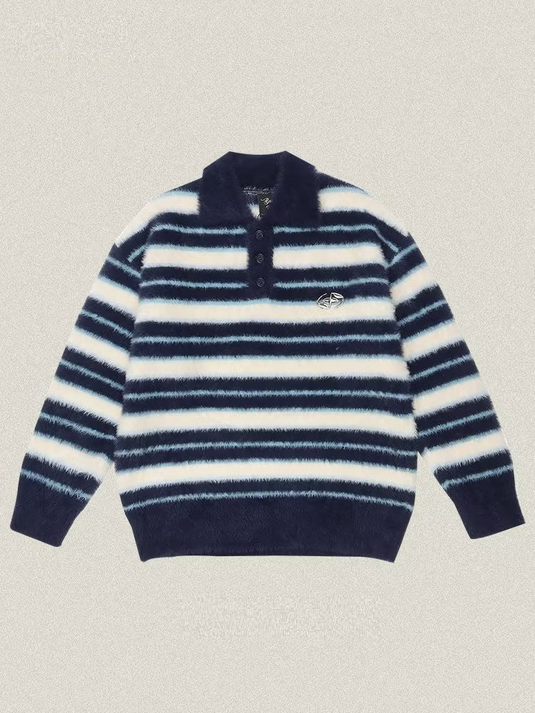 Soft Glutinous Polo Collar Stripes Sweater