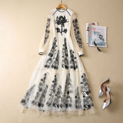 Long Sleeve Oversized Hem Exquisite Embroidery Floral Mesh Dress