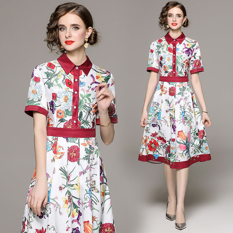 Waist Slimming Positioning Printed Short Sleeve Dress