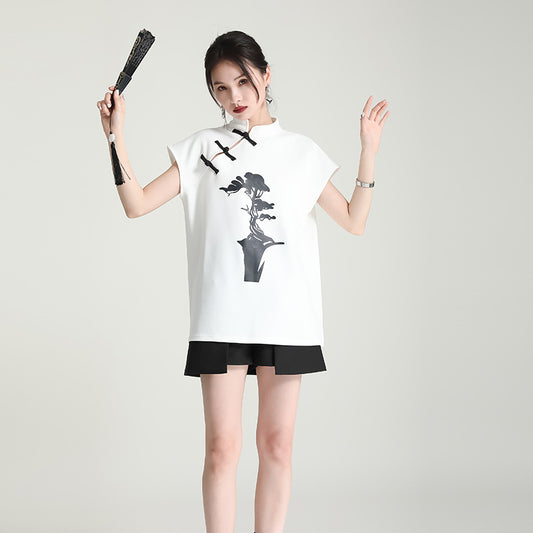 T-shirt à manches courtes imprimé de boutons de grenouille Cheongsam amélioré de style chinois pour femmes d'été