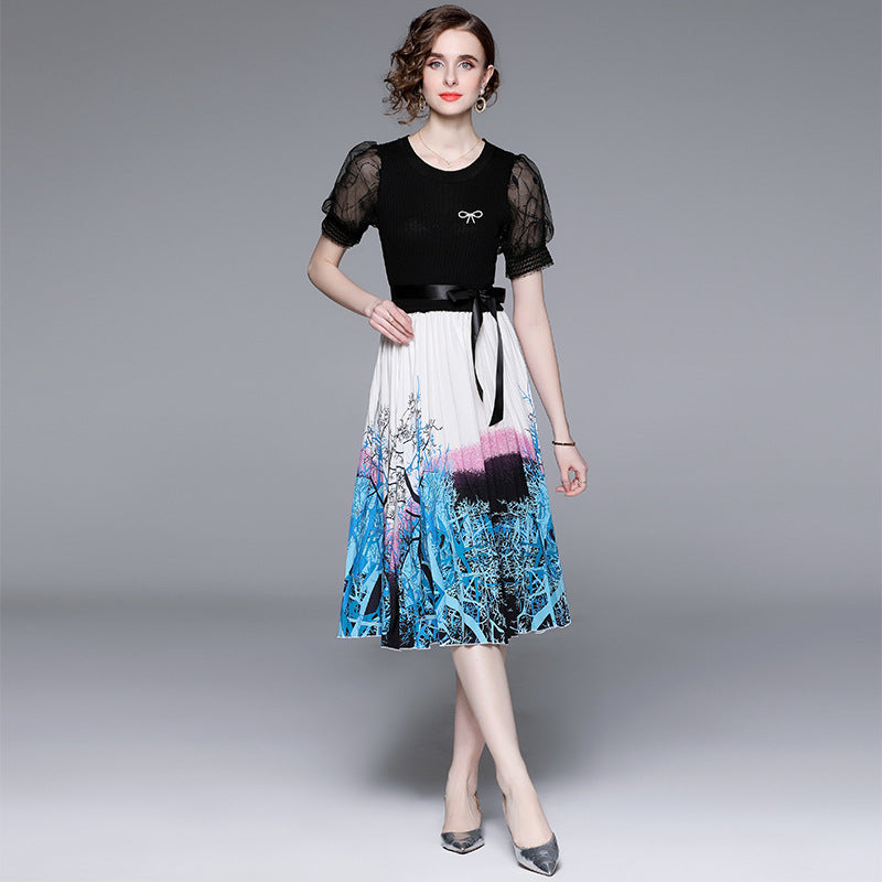 Knitted Stitching Printing Fake Two-piece Waist Slimming Dress