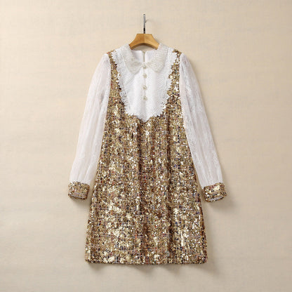 Double-layer Collar Pearl Buckle Sequin Stitching Long Sleeve Dress