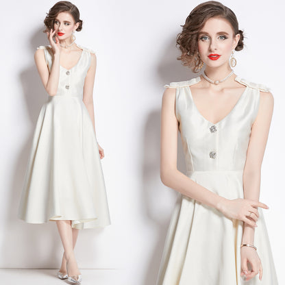 Vestido vintage de satén crema estilo francés Hepburn