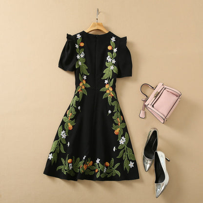 Exquisite Embroidery Floral Puff Sleeve Waist-tight Dress