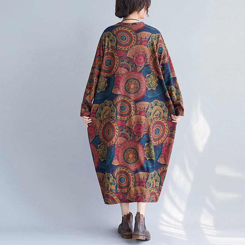 Artistic Retro Printing Loose Oversized Long Sleeves Dress