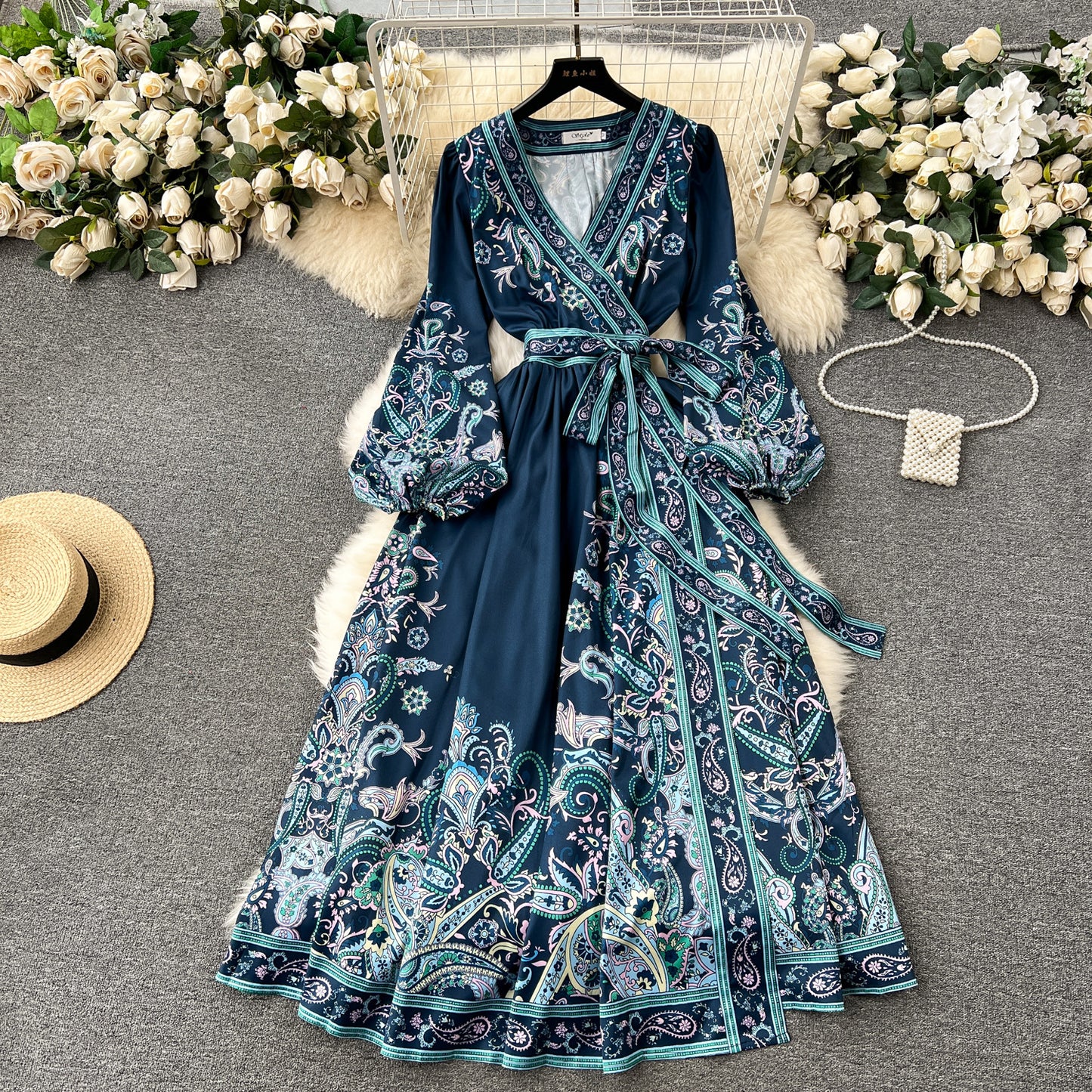 One-piece Lace-up Waist Trimming Printing Dress