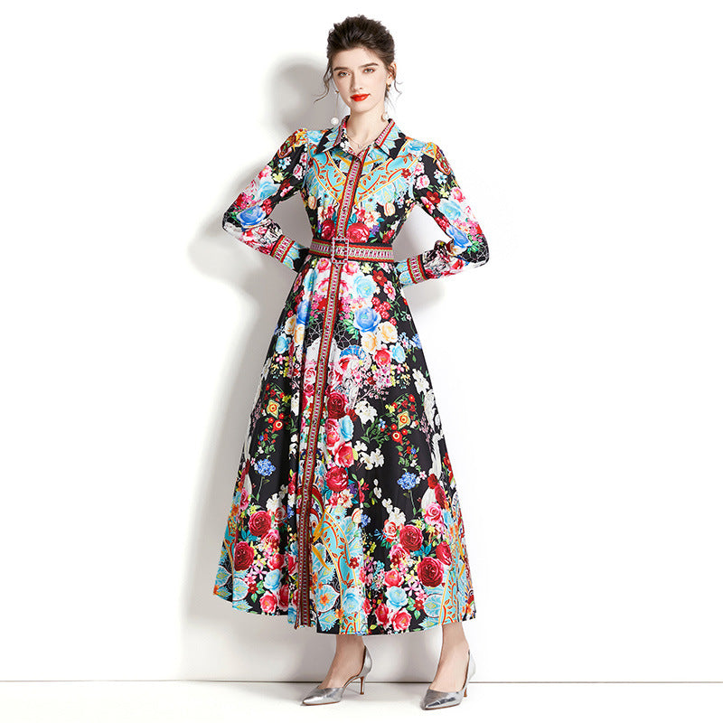 Retro Lantern Sleeve Wide Swing Printing Dress