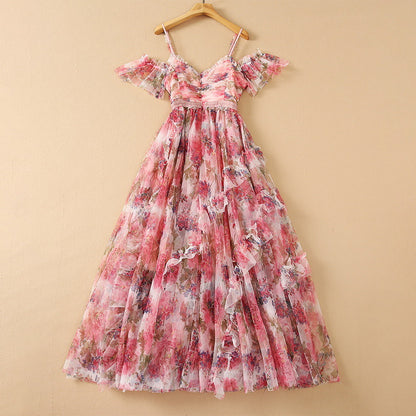 Vestido con tirantes y falda extragrande de cintura alta con estampado floral de malla