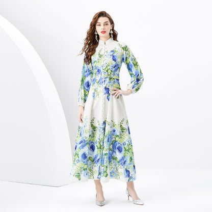 Retro Stand Collar Single-breasted Printed Wide Swing Long Dress