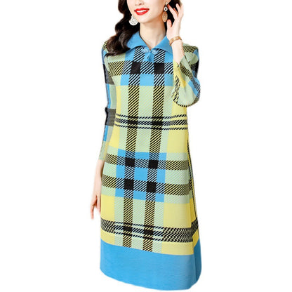 Guochao One-piece Plate Buckle Printed Checks Mid-length Dress