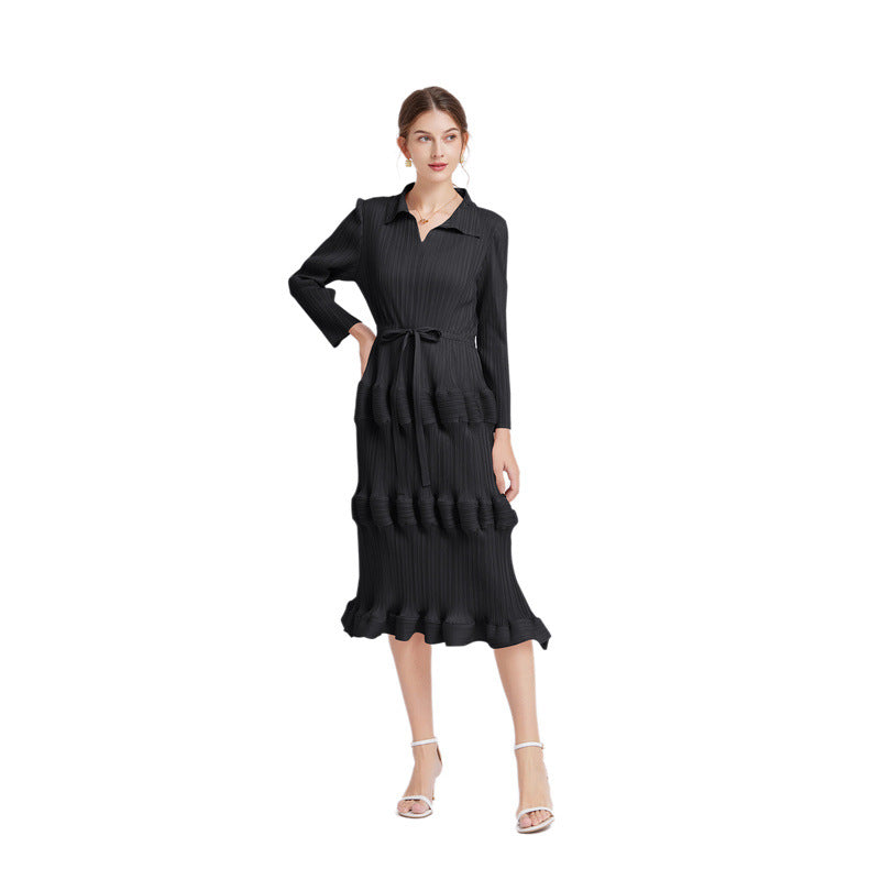 Fashion Dress Mid Waist Pleated Slim Fit Lantern Dress