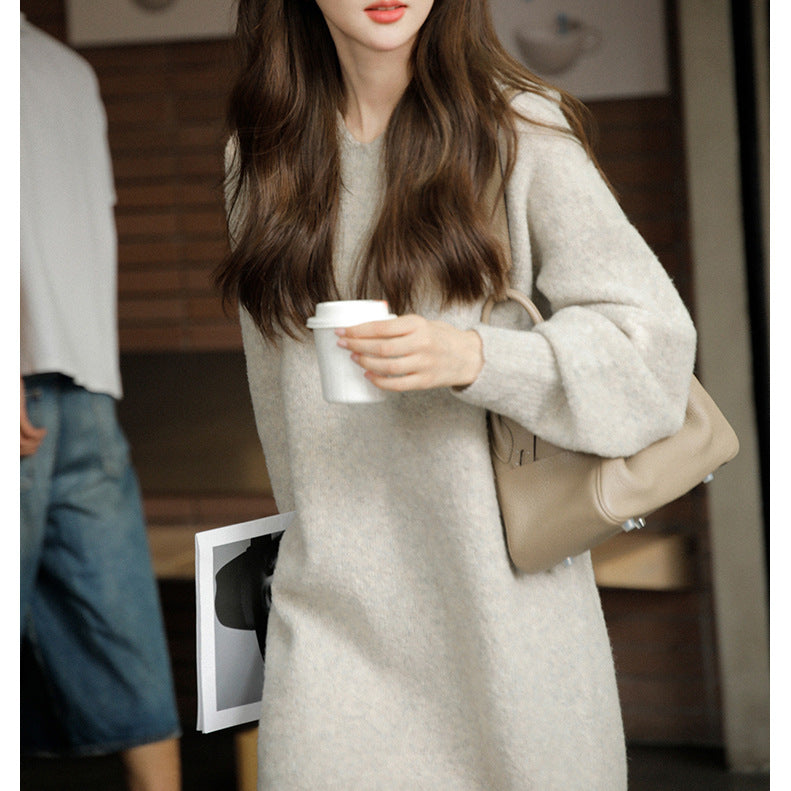 Wool Blended V-neck Hooded Dress Loose Knit