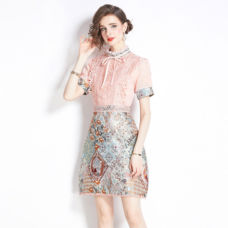 Retro Stand-up Collar Tie Stitching Crochet Hollow Jacquard Dress