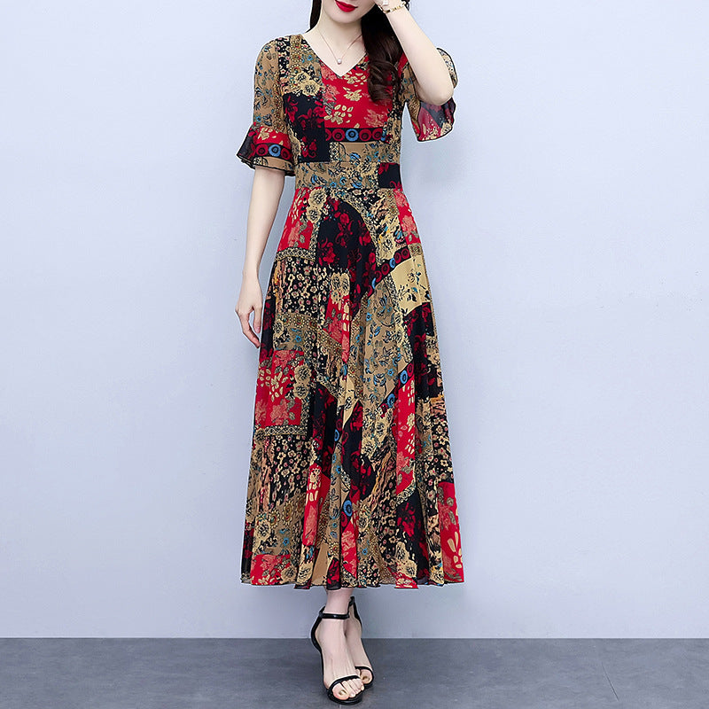 Spring And Autumn Chiffon Floral Dress