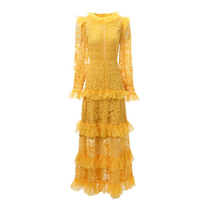 Gauze Stitching Lace Long Sleeve Dress